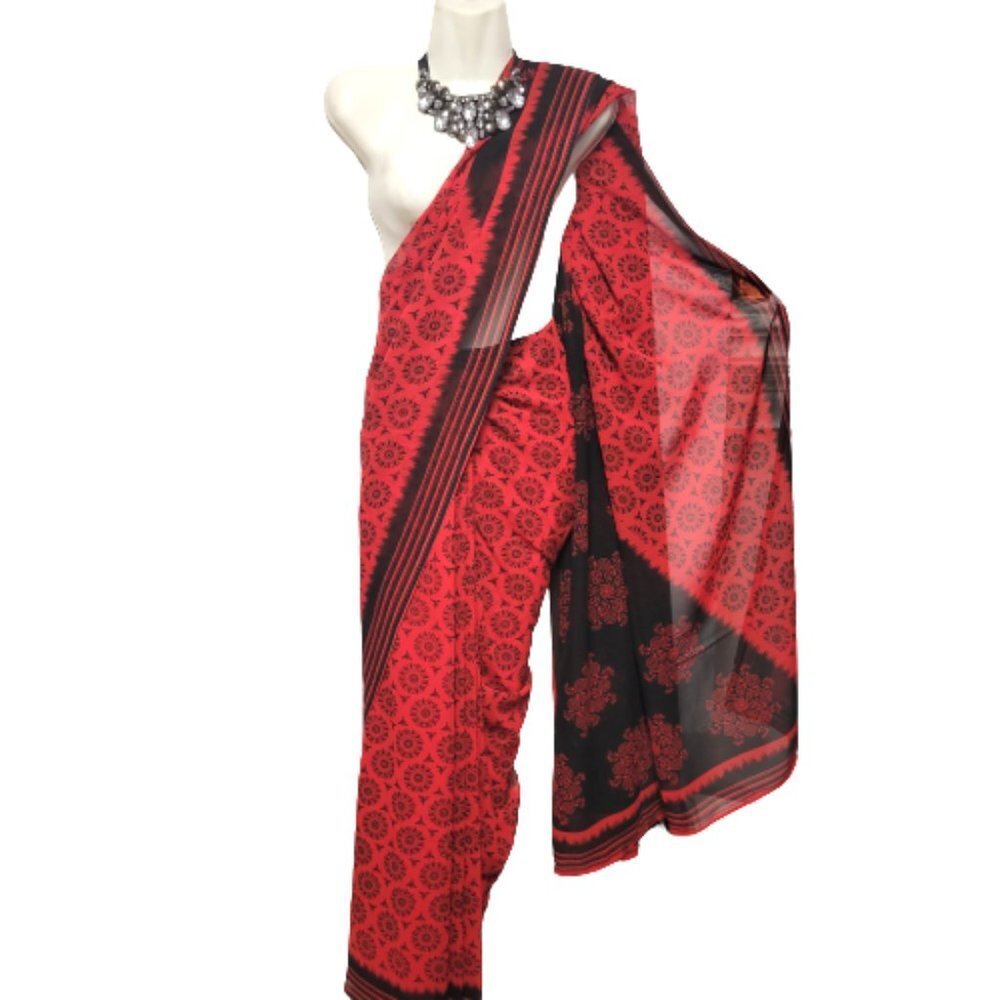 Saree, Sari,Red and Black Pre Stitched PRE-PLEATED Saree Elastic Waisted - NEW!